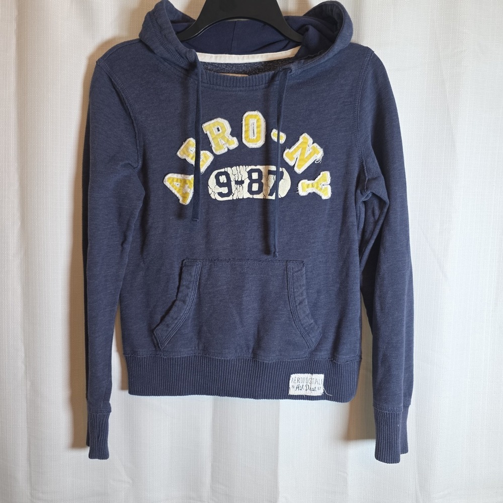 Y2K Aeropostale Hoodie Women M Blue Aero NY 9-87 Graphic Pullover Sweatshirt